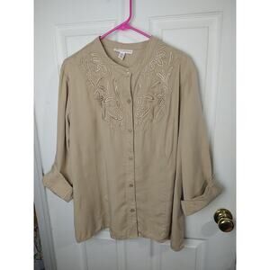 JM collection Woman 20W Button Collareless Shirt 3/4 Slit Cuff Embroidery...